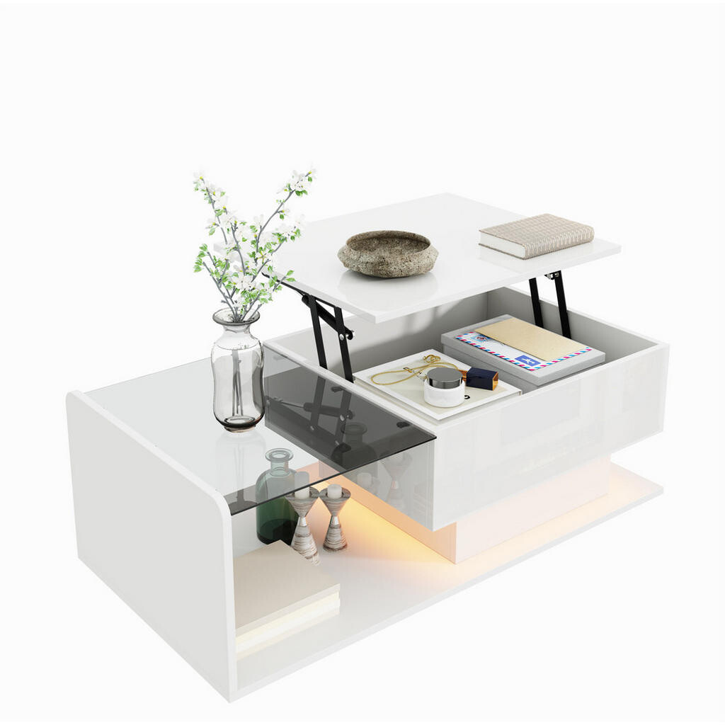 Redom KONFERENČNÍ stolek 100/50/33-47,5 cm s výškově nastavitelnou deskou, LED osvětlením a úložným prostorem, Bílá