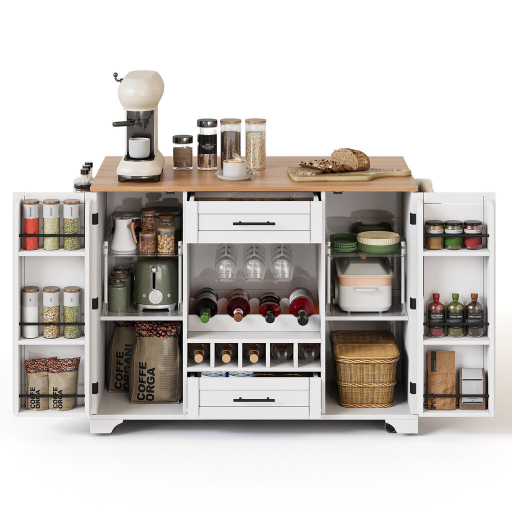 OKWISH KUCHYŇSKÝ vozík 138/45(70)/92 cm bílá/přírodní z MDF se sklápěcí deskou a policí na víno