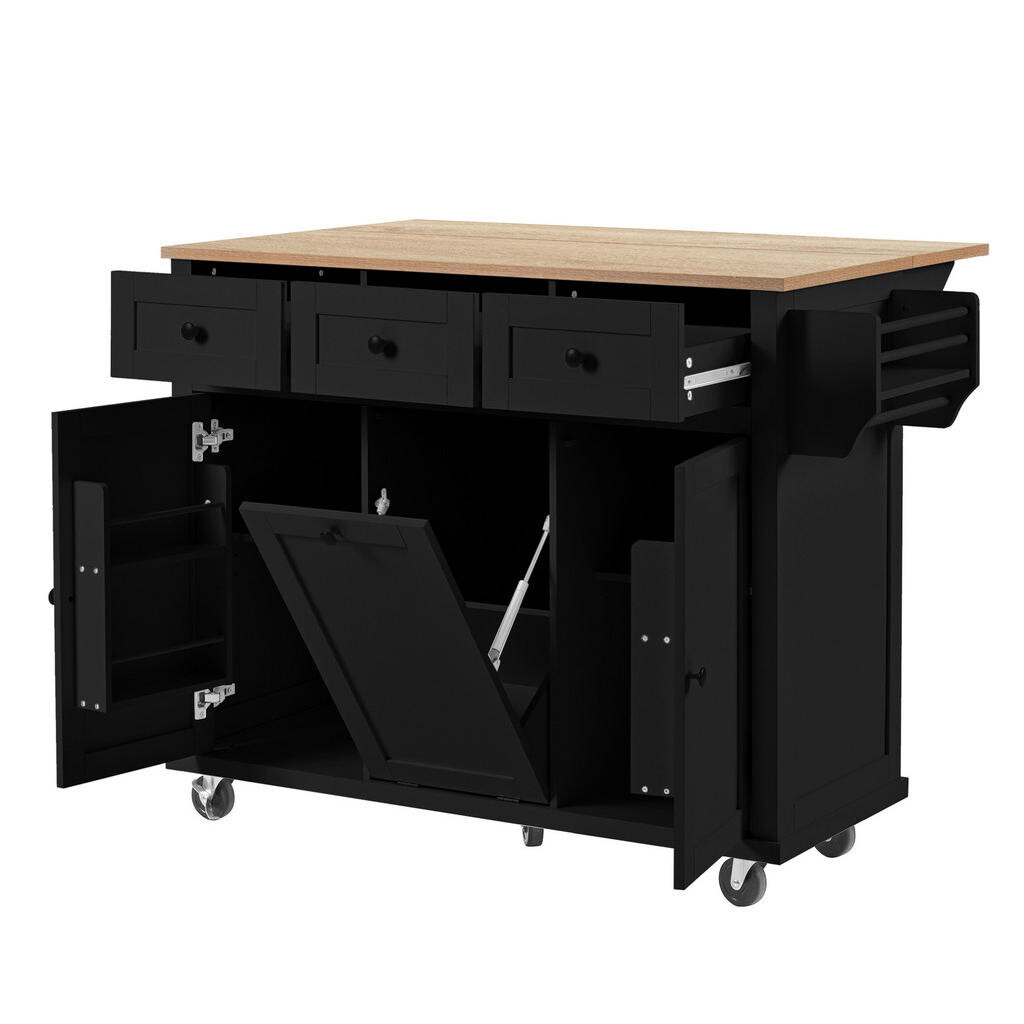 OKWISH KUCHYŇSKÝ ostrov 112/46,2-76,2/92,7 cm černá a přírodní z MDF s výsuvnou pracovní deskou a úložným prostorem