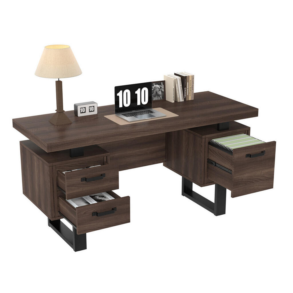 OKWISH PSACÍ stůl 135/54 cm hnědý z MDF a kovu se zásuvkami a přihrádkou na složky