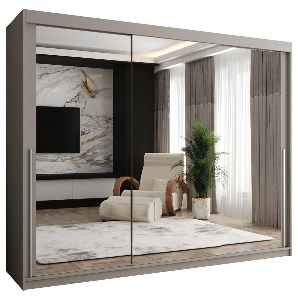 Home Collective ŠATNÍ SKŘÍŇ S POSUVNÝMI DVEŘMI se zrcadlem, šířka 250 cm, kašmírová se stříbrným madlem