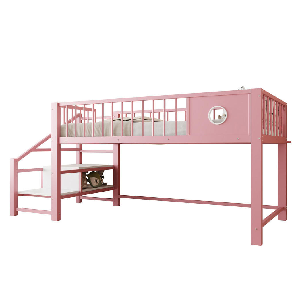 FLIEKS VYVÝŠENÁ POSTEL 90x200 cm Růžová Kov Schody Úložný prostor