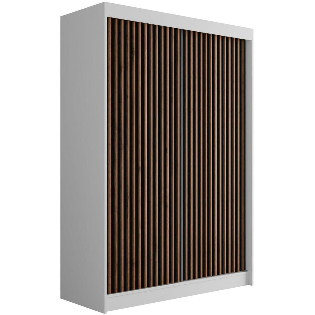 ALTDECOR ŠATNÍ SKŘÍŇ s lamelovými posuvnými dveřmi VILANv2 – 150 cm, bílá + lamely z dubu wotan