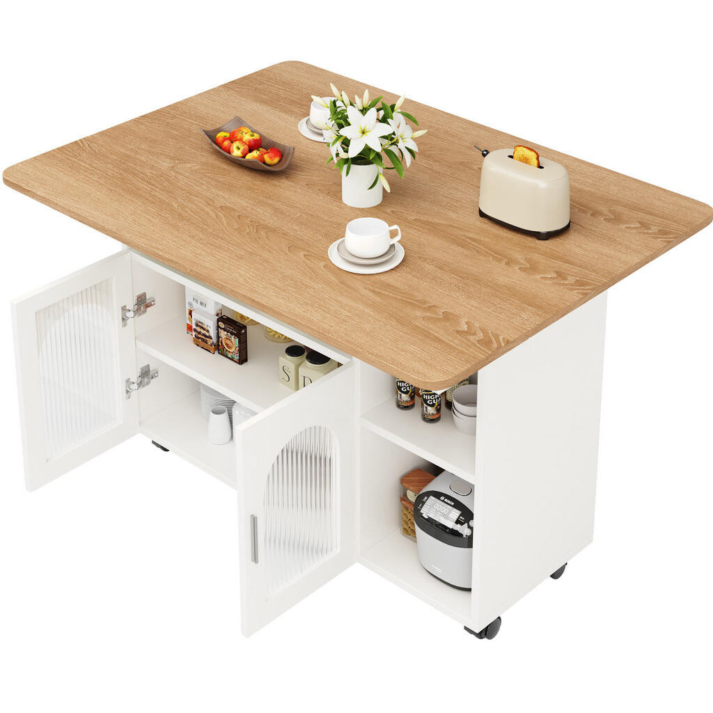 Redom KUCHYŇSKÝ ostrůvek 120/30/79,5 cm z MDF se sklopnou deskou, úložným prostorem a kolečky, Bílá