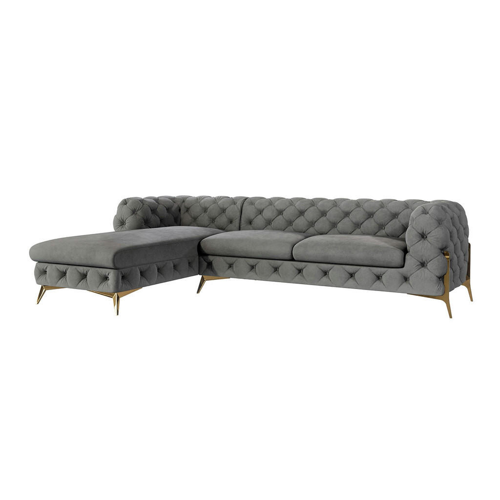 S-Style CHESTERFIELD ROHOVÁ SEDAČKA Lexi v šedé se zlatými nohami - otomán vlevo
