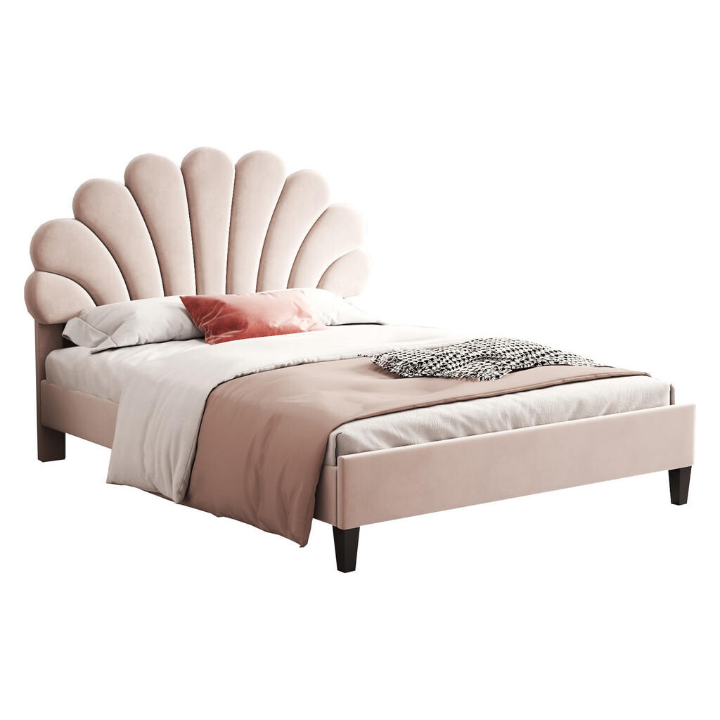 OKWISH ČALOUNĚNÁ postel 140/200 cm béžová s sametem s květinovým čelem a lamelovým roštem