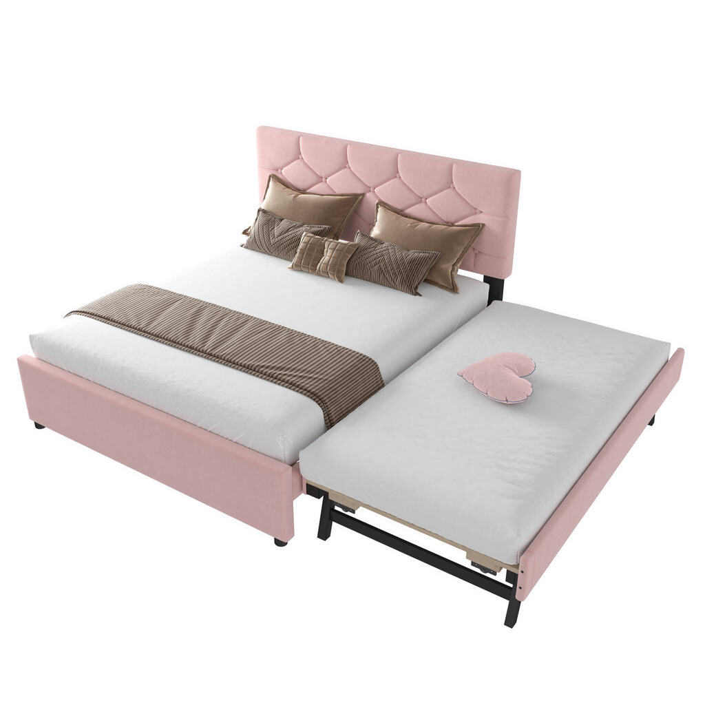 OKWISH ČALOUNĚNÁ postel 140/200 cm růžová ze sametu s výsuvným lůžkem a lamelovým roštem