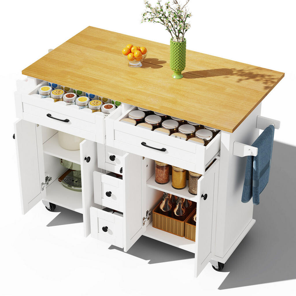 Redom KUCHYŇSKÝ ostrůvek 140/40(65)/89 cm s výklopnou pracovní deskou, 5 zásuvkami, skříňkami, kořením a držákem utěrek, Bílá+Přírodní