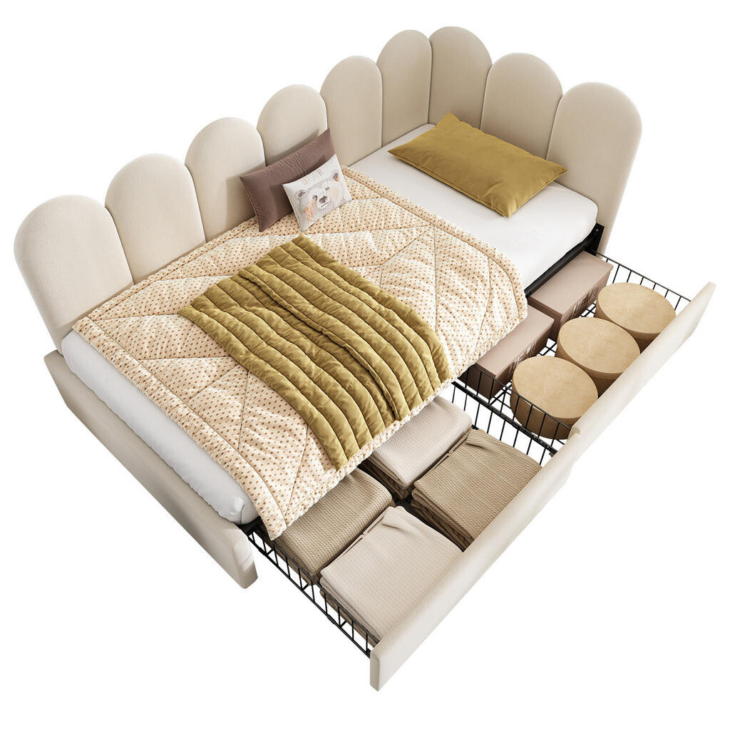 OKWISH POSTEL s úložným prostorem 90x200 cm béžová ze sametu s 2 zásuvkami a roštem
