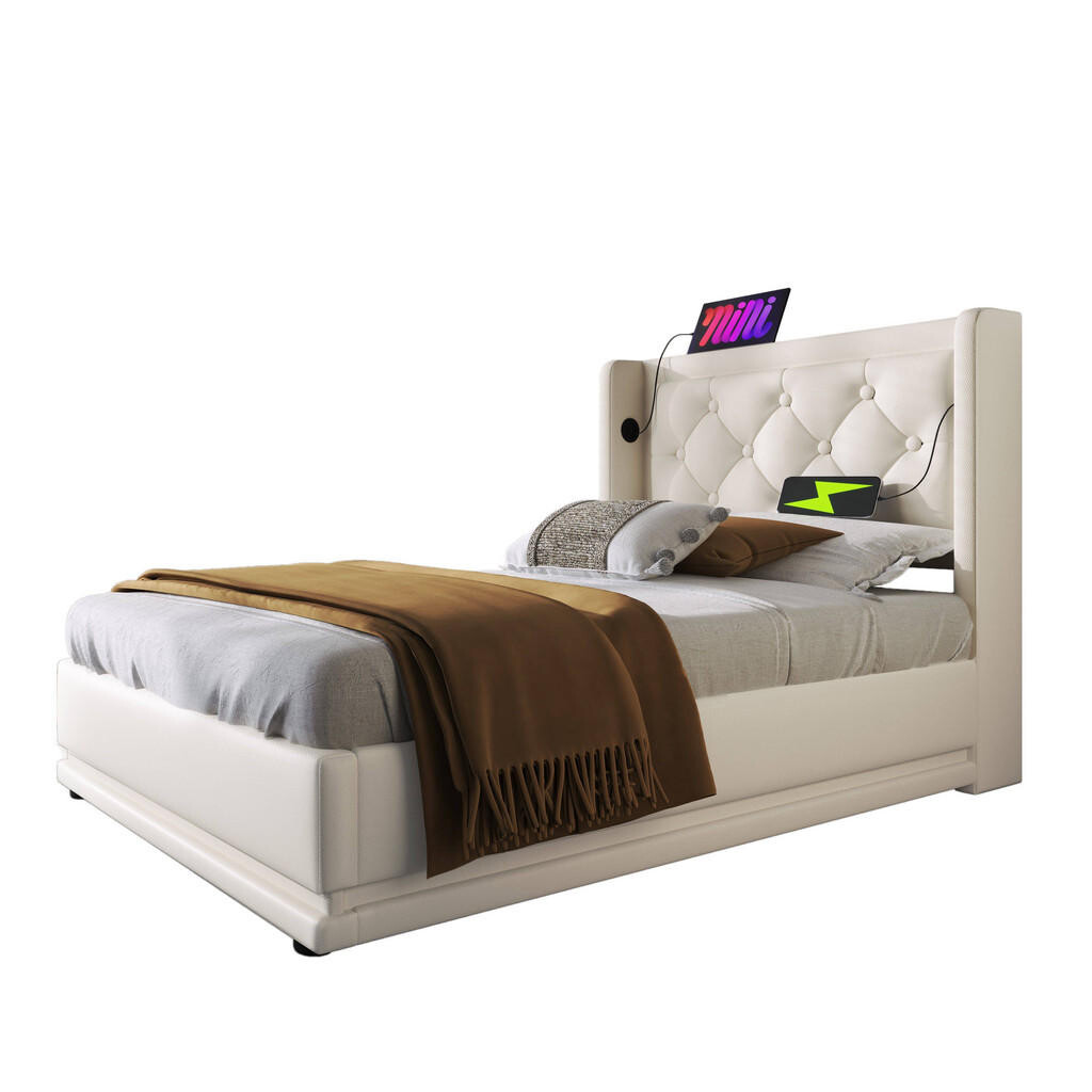 WISHDOR ČALOUNĚNÁ POSTEL 90/200 cm bílá s úložným prostorem, LED osvětlením, USB portem a Type-C