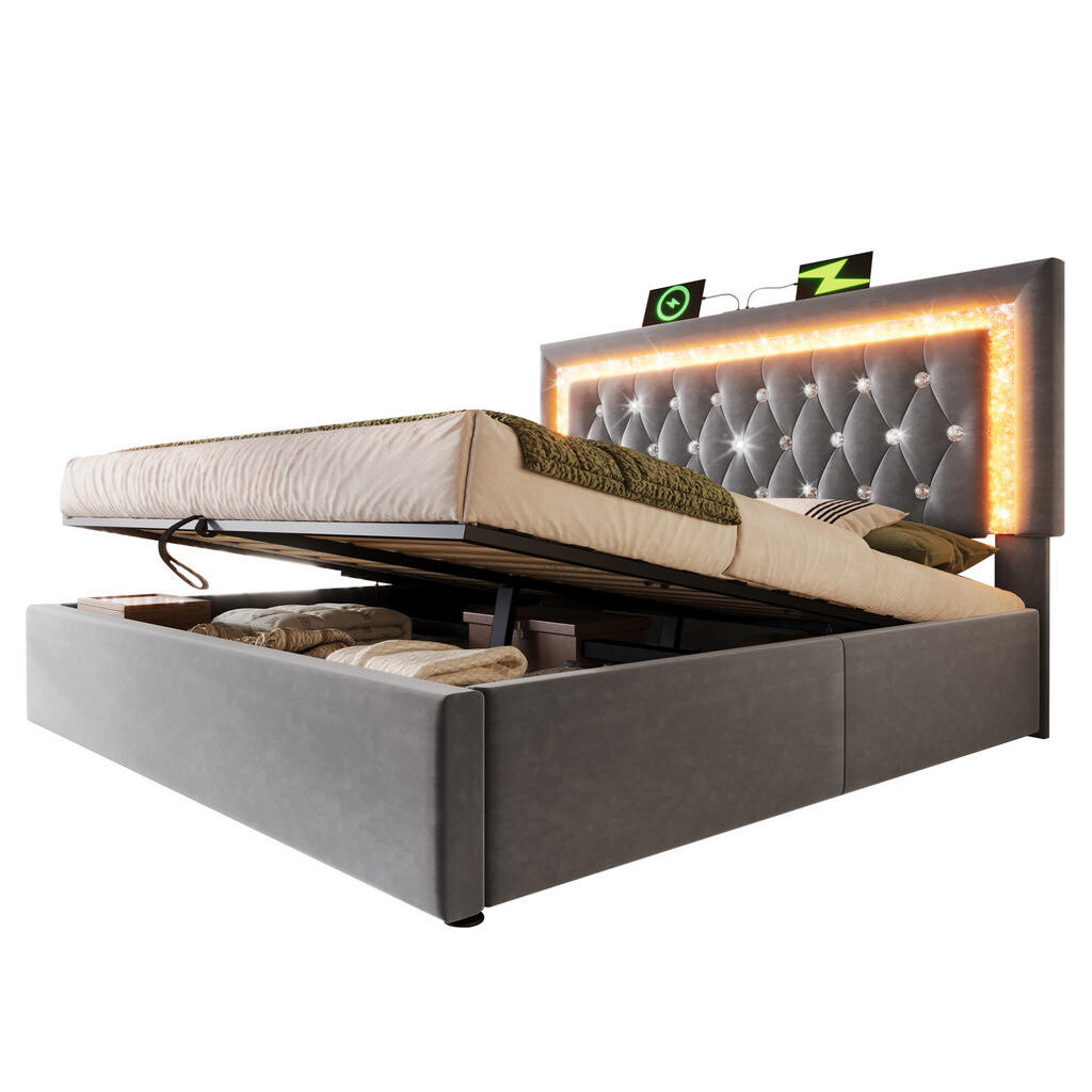 OKWISH ČALOUNĚNÁ postel 180x200 cm šedá ze sametu s LED páskem, USB a USB-C, úložným prostorem
