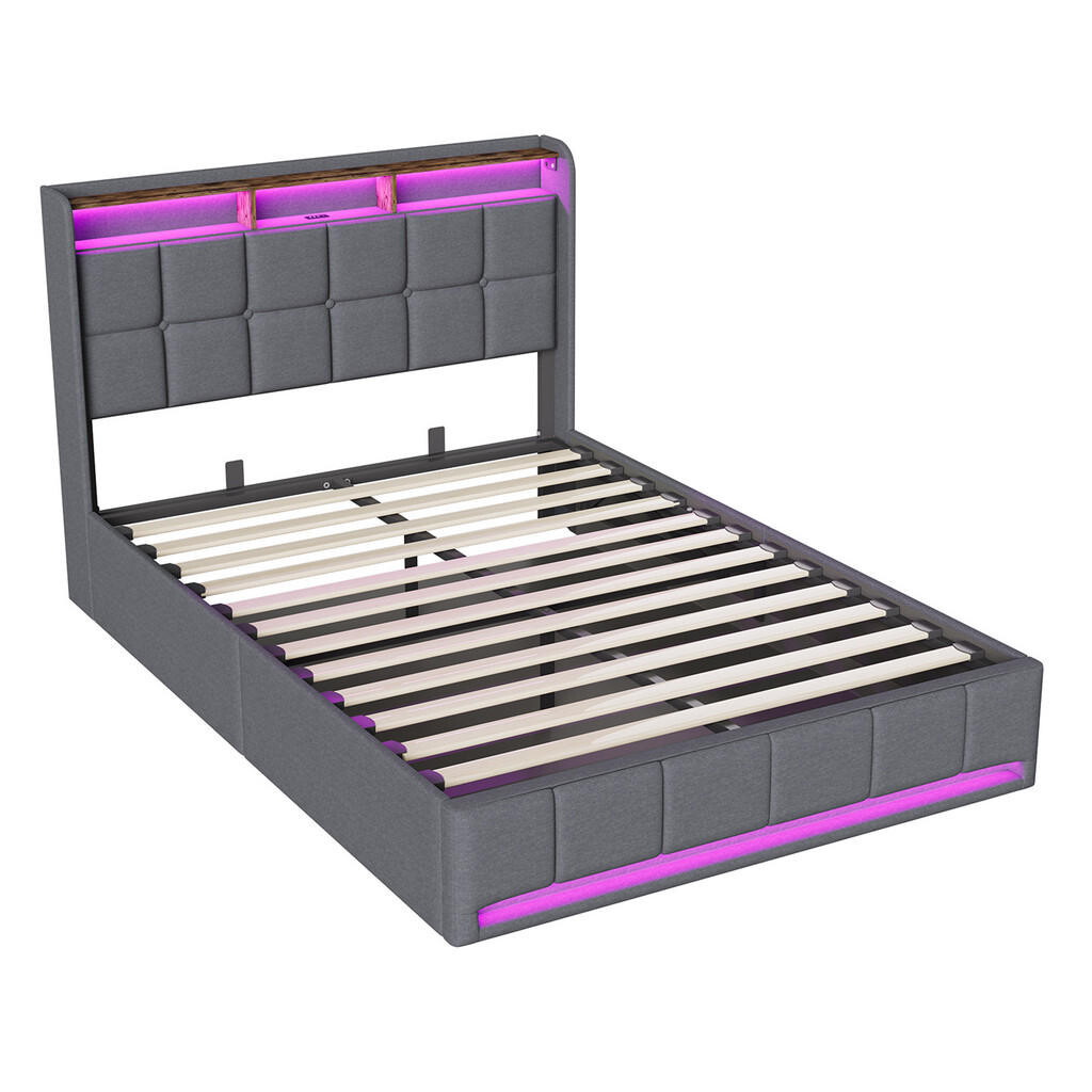 SHOPENTRA ČALOUNĚNÁ postel 140x190cm šedá lněná pneumatická LED USB-C