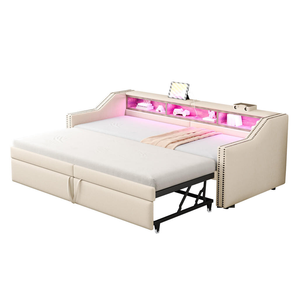 WISHDOR ROZKLÁDACÍ POHOVKA 90 × 200 cm / 180 × 200 cm v béžovém lnu s LED osvětlením, USB a 3 odkládacími přihrádkami