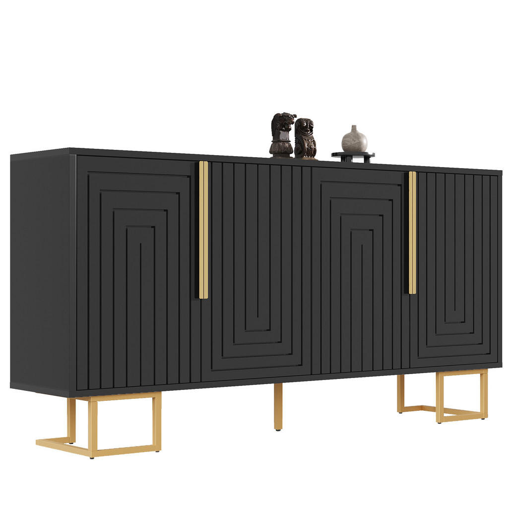 Urban Meuble SIDEBOARD ČERNÝ A ZLATÝ 152 CM S GEOMETRICKÝM RELIÉFEM A 4 PŘIHRÁDKAMI