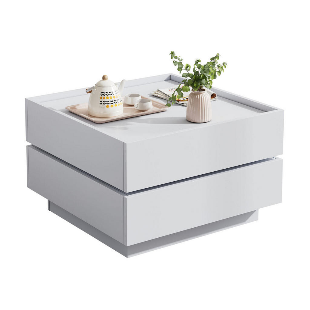 Redom KONFERENČNÍ stolek 60/60/38 cm s 360° otočnou deskou, dvěma zásuvkami a úložným prostorem, Bílá