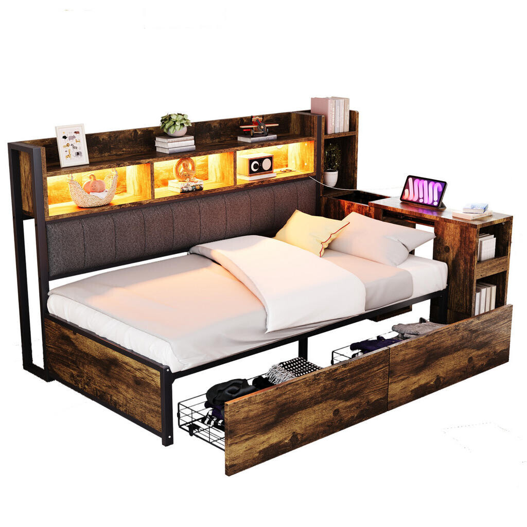 OKWISH MULTIFUNKČNÍ postel 90/200 cm bílá a přírodní dřevo z kovu a dřeva s úložným prostorem a pracovním stolem