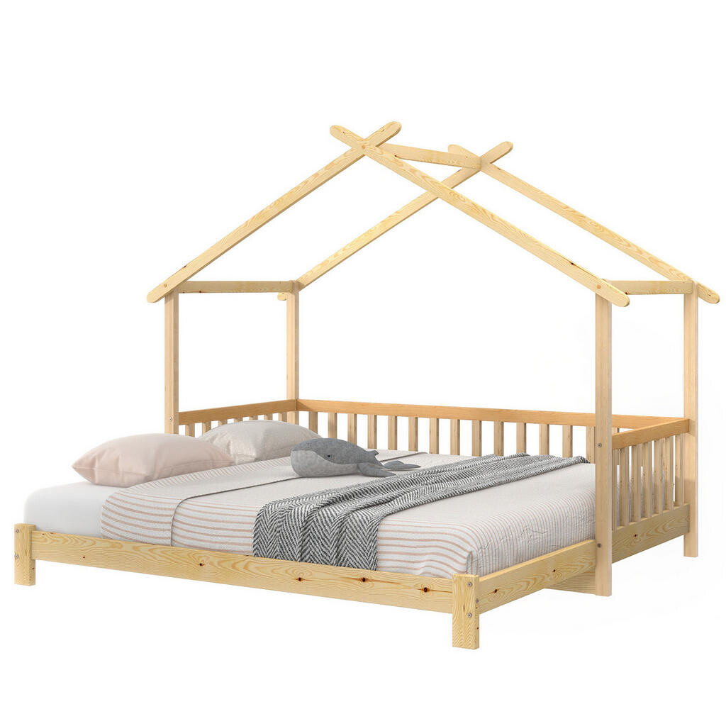 Redom DĚTSKÁ postel 200/90-200/180 cm s výsuvnou funkcí, domečkovým rámem a třístranným zábradlím, Přírodní