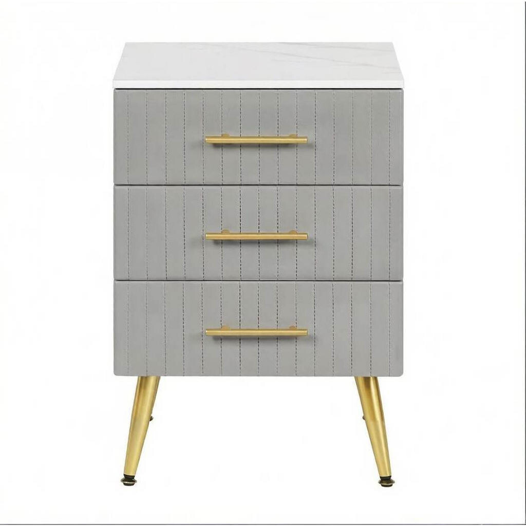 OKWISH NOČNÍ stolek 40,5/41/62 cm šedý z MDF, kovu, masivu a sametu se 3 zásuvkami