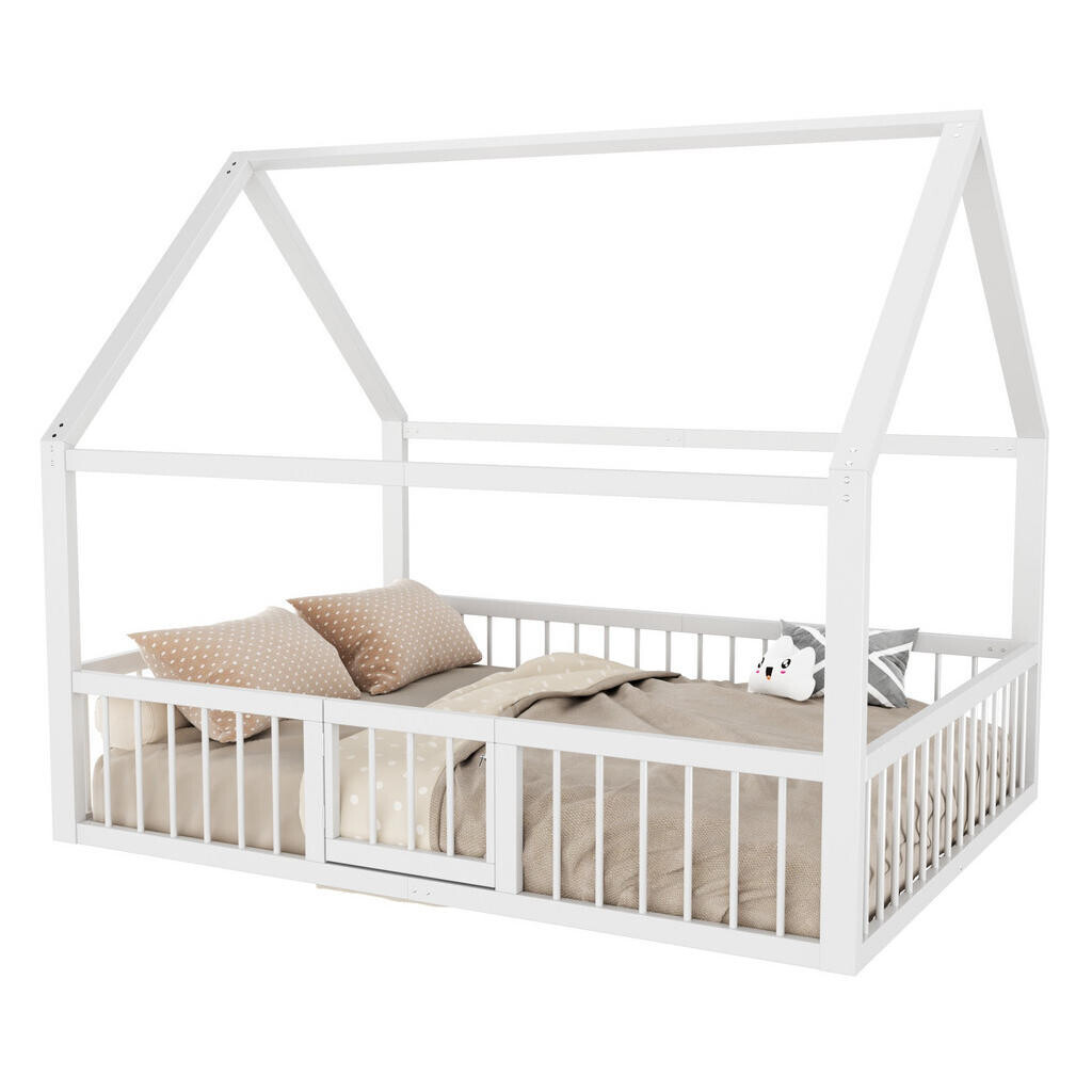 OKWISH POSTEL 140/200 cm bílá z kovu s domkovou střechou a bezpečnostními zábranami