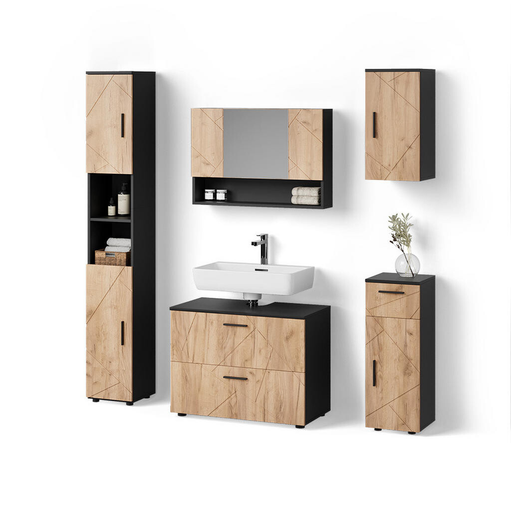 Livinity® SADA NÁBYTKU DO KOUPELNY Ronco, Zlatý mocný dub/Antracit, 5dílná
