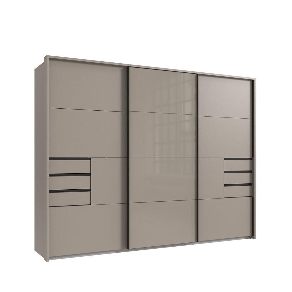 luma-home SKŘÍŇ S VZDUŠNÝMI DVEŘMI, 273 × 64 × 213 cm (Š×H×V), 3dveřová, pasparta, zásuvky, pískově šedá/šedé sklo / 22620