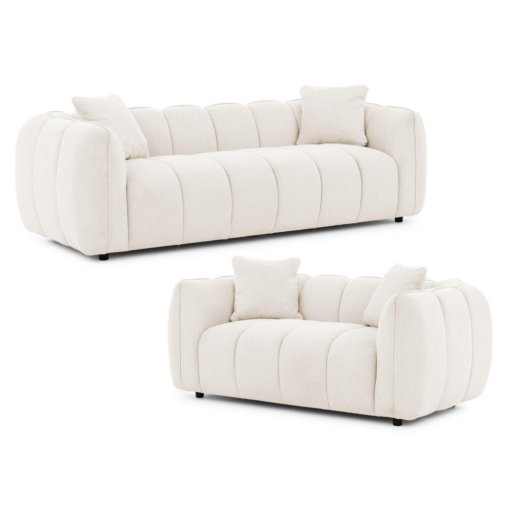 S-Style SEDACÍ SOUPRAVA 3+2 Nubira v hluboce prošívaném designu Bubble z měkké strukturované látky v krémové barvě s moderním vzhledem