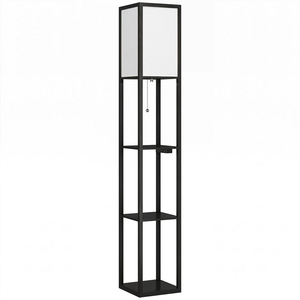 HOMCOM STOJACÍ lampa s policemi z černého MDF