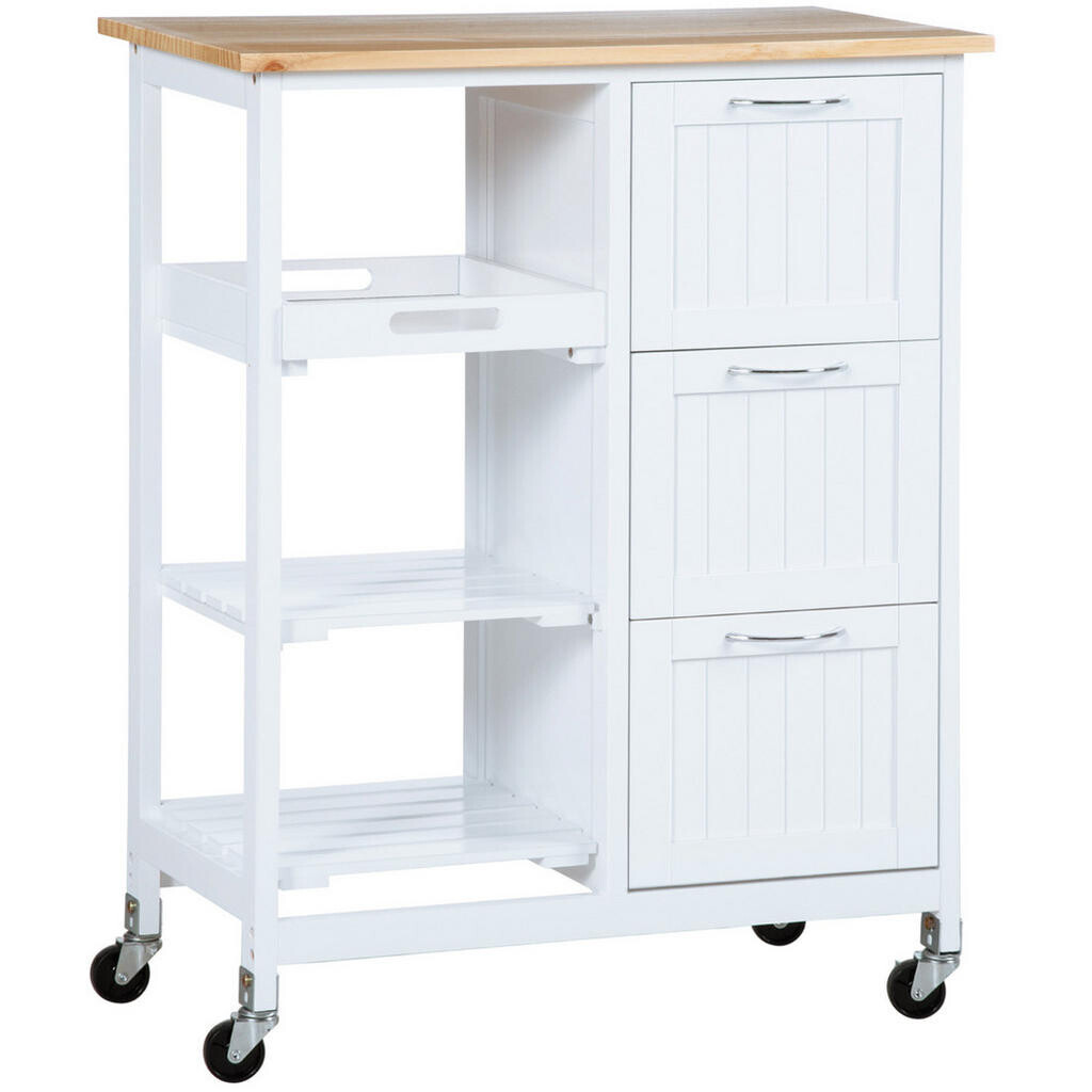 Redom MOBILNÍ kuchyňský ostrůvek na kolečkách 67/37/84 cm s 3 zásuvkami, odnímatelným podnosem a pracovní deskou, MDF, Bílá