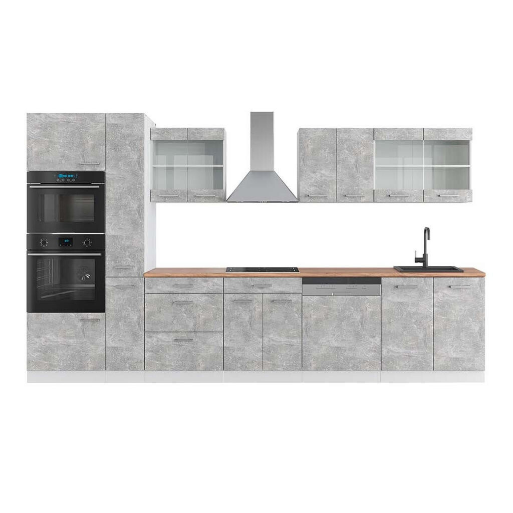 Vicco KUCHYŇSKÁ LINKA R-Line Beton/bílá 350 cm s vysokou skříní, PD Dub
