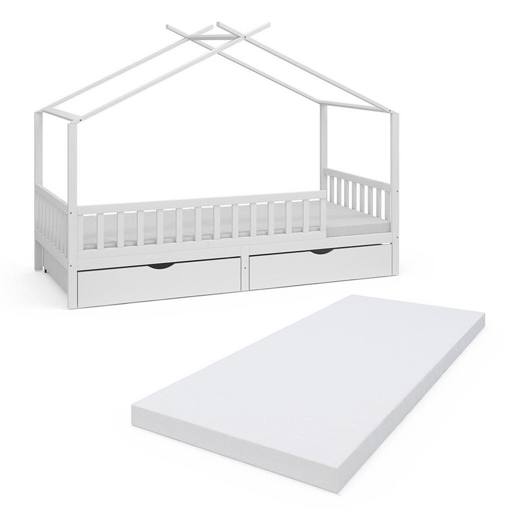 VitaliSpa DOMEČKOVÁ POSTEL Franka Bílá 90x200 cm se 2 zásuvkami a matrací
