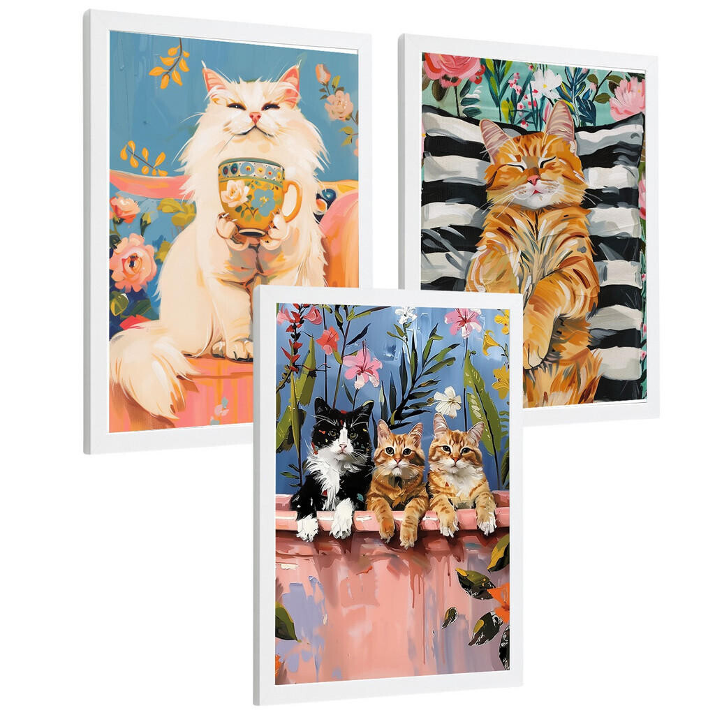 Nacnic PLAKAT Sada 3 Funny Cats A4 Bílý rám