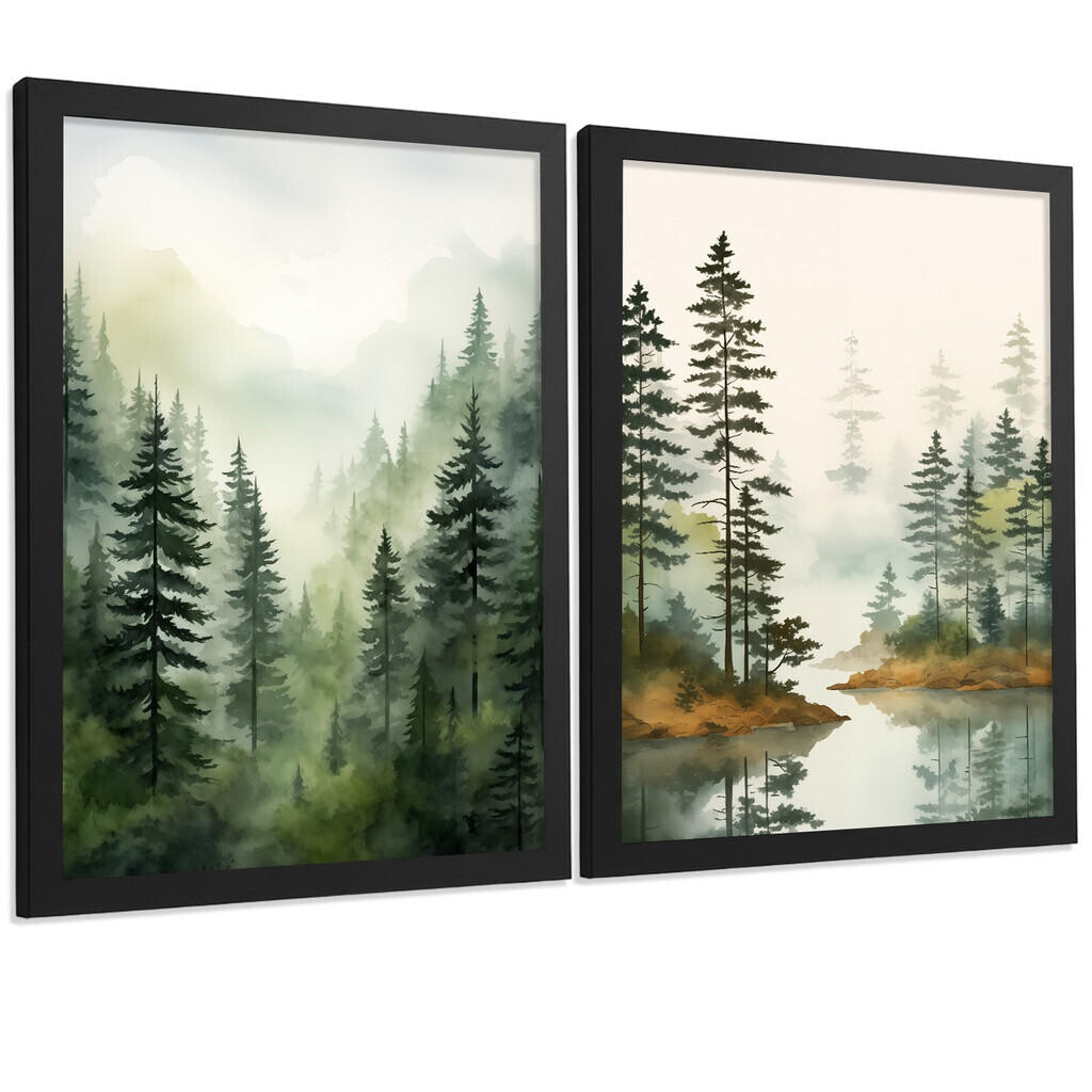 Nacnic PLAKAT Sada 2 dekorativních tisků Nordic Forest Landscape Moderní obývací pokoj Obrázky - Zelené a hnědé dekorativní plakáty A3 Černý rám