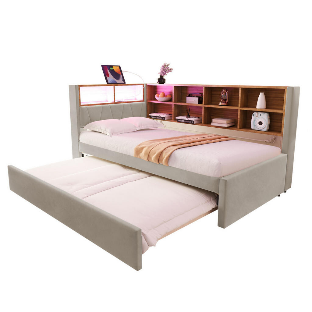 Redom POSTEL 90/200 cm s výsuvným lůžkem 90/190 cm, LED osvětlením, USB a zásuvkami, úložným prostorem, Světle šedá