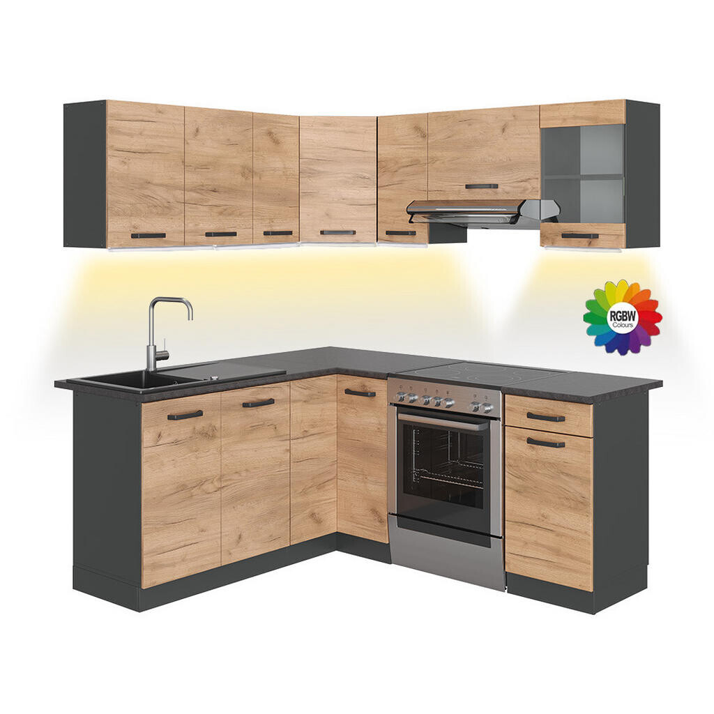Vicco ROHOVÁ KUCHYŇSKÁ LINKA R-Line, Zlatý mocný dub/Antracit, 187 x 167 cm AP Antracit s LED pásky