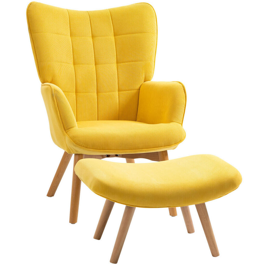 OKWISH RELAXAČNÍ křeslo s podnožkou 72/80/101 cm žluté z polyesteru s čalouněním a dřevěnými nohami