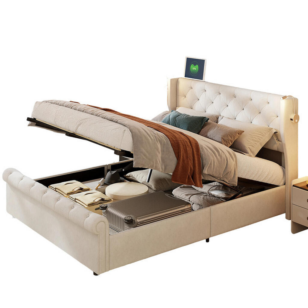SHOPENTRA ČALOUNĚNÁ postel 140x200cm béžová hydraulická noční lampička USB zásuvka