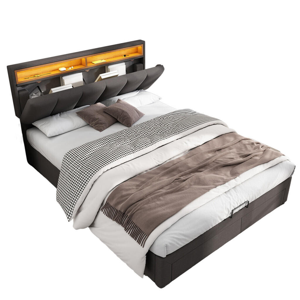 SHOPENTRA ČALOUNĚNÁ postel 140x190 cm šedá lněná LED USB postel s boxem