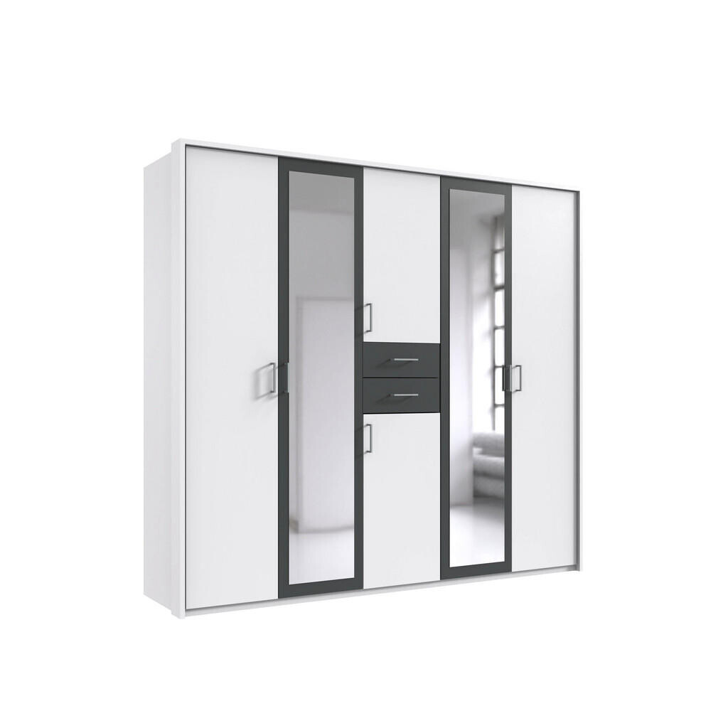 luma-home SKŘÍŇ S OTOČNÝMI DVEŘMI, 228 × 58 × 210 cm (Š×H×V), pasparta, zásuvky, 2 zrcadlové dveře, bílá/grafitová / 22598
