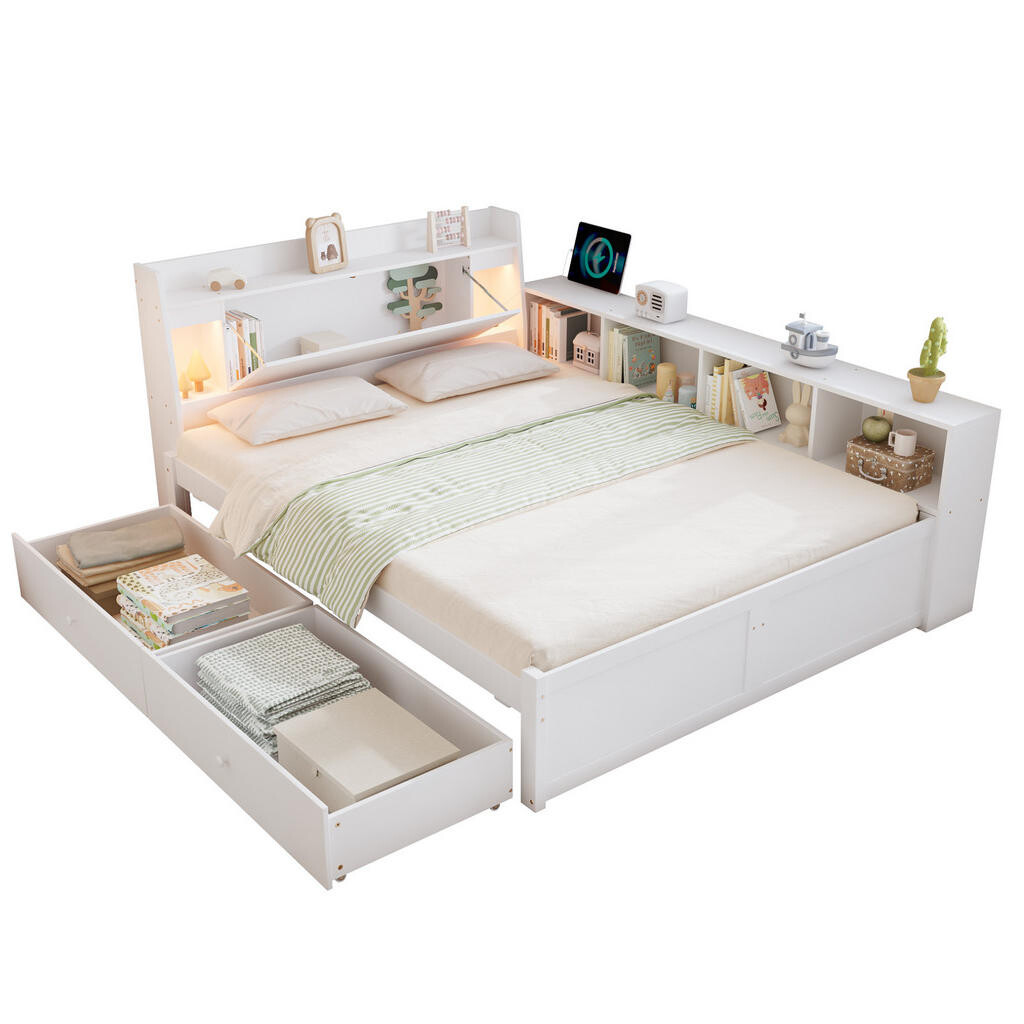 OKWISH DVOJLŮŽKO 140/200 cm bílé z masivu a MDF s úložným čelem, světly a zásuvkami