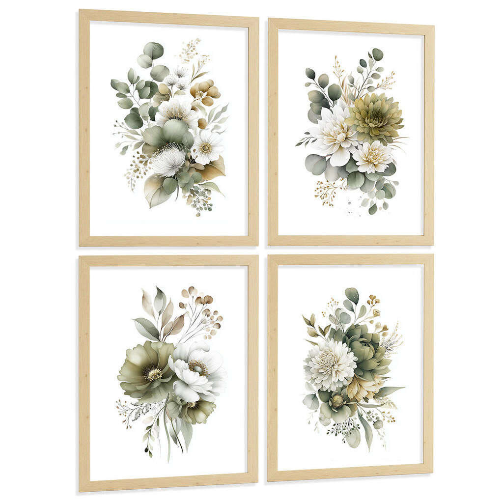 Nacnic PLAKAT Sada 4 boho botanických uměleckých tisků. Akvarelové květinové nástěnné umění. Velikost Světlý dřevěný rám A3