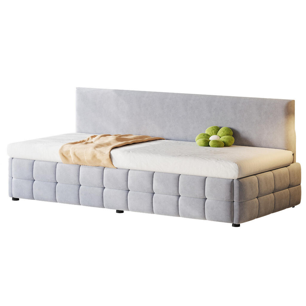 OKWISH ČALOUNĚNÁ postel 90/200 cm světle šedá z sametu s úložným prostorem a opěrkou zad