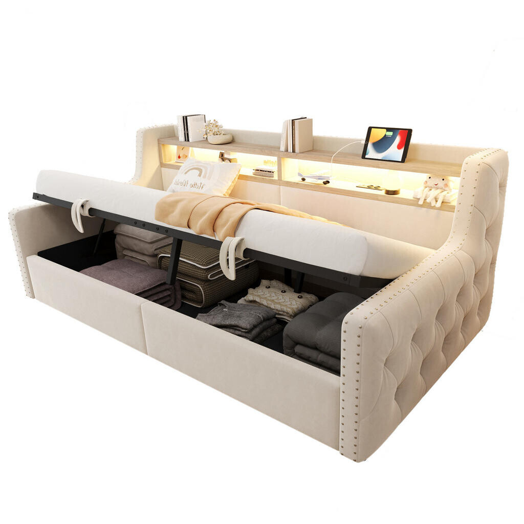 Redom POSTEL 90/200 cm s hydraulickým úložným prostorem, LED osvětlením, zásuvkou a USB-C portem, Béžová