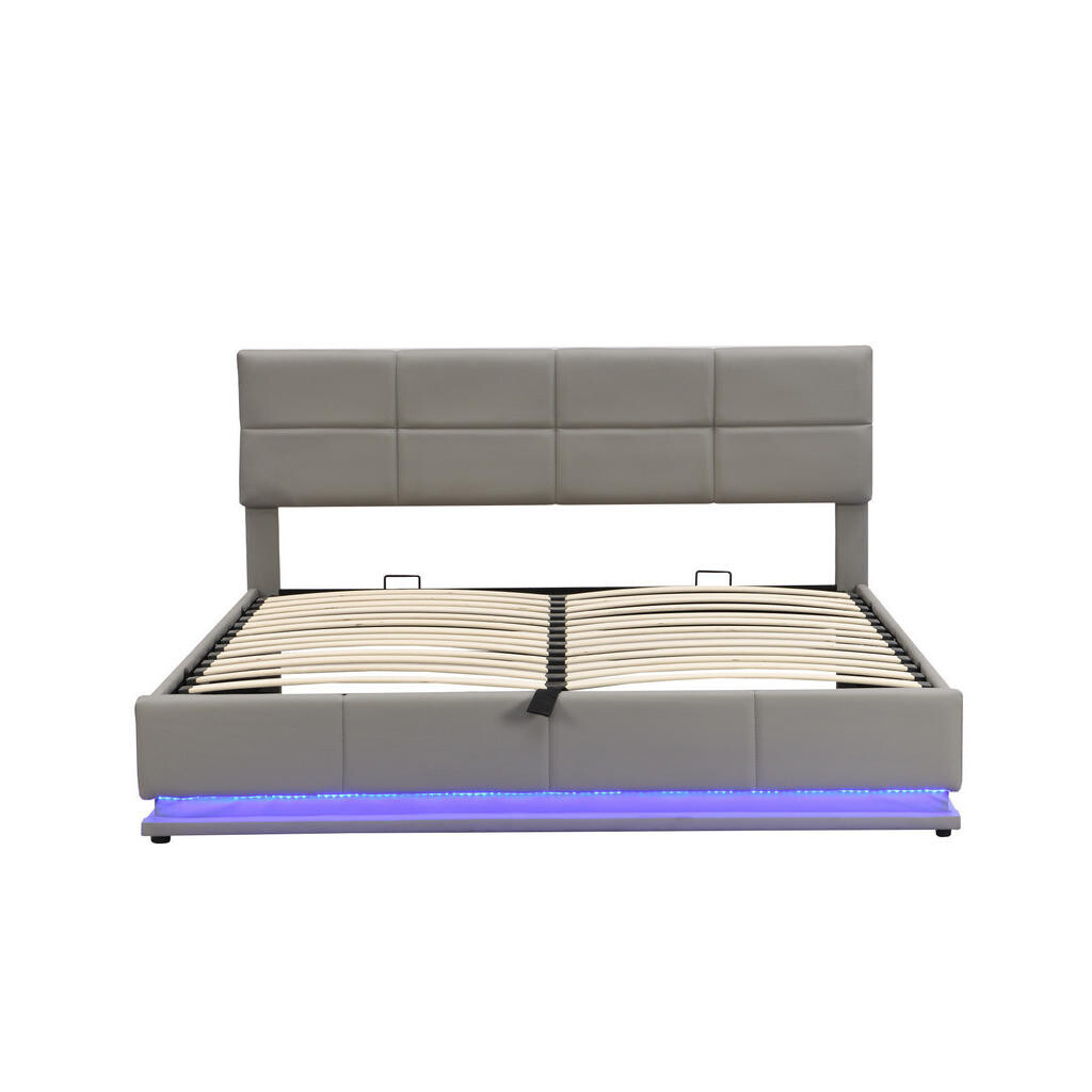 OKWISH ČALOUNĚNÁ postel 180/200 cm cementově šedá z PU kůže s LED osvětlením a úložným prostorem