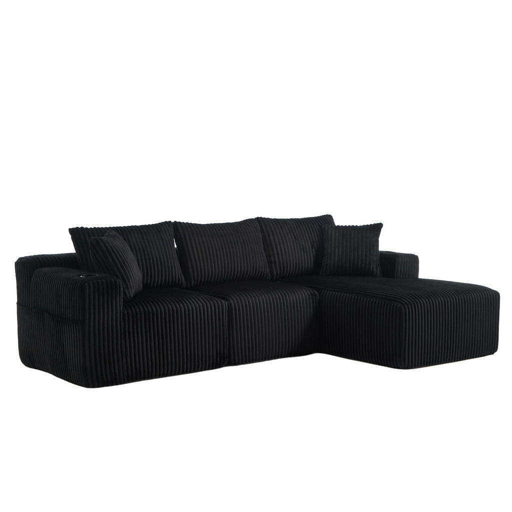 Redom MODULÁRNÍ rohová pohovka 257/90-160/62 cm s lenoškou, držáky nápojů, 5 polštáři a manšestrovým potahem, Černá