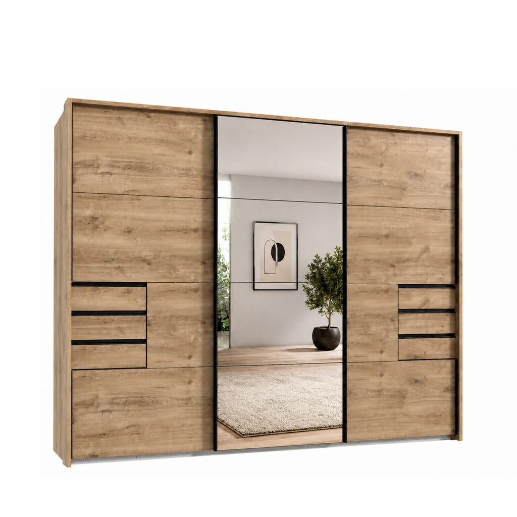 luma-home SKŘÍŇ S VZVÍSEJÍCÍMI DVEŘMI, 273 × 64 × 213 cm (Š×H×V), 3dveřová, pasparta, zásuvky, dekor dubu/zrcadlo / 22618