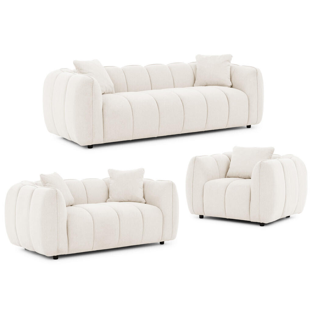 S-Style SEDACÍ SOUPRAVA 3+2+1 Nubira v hluboce prošívaném designu Bubble z měkké strukturované látky v krémové barvě s moderním vzhledem
