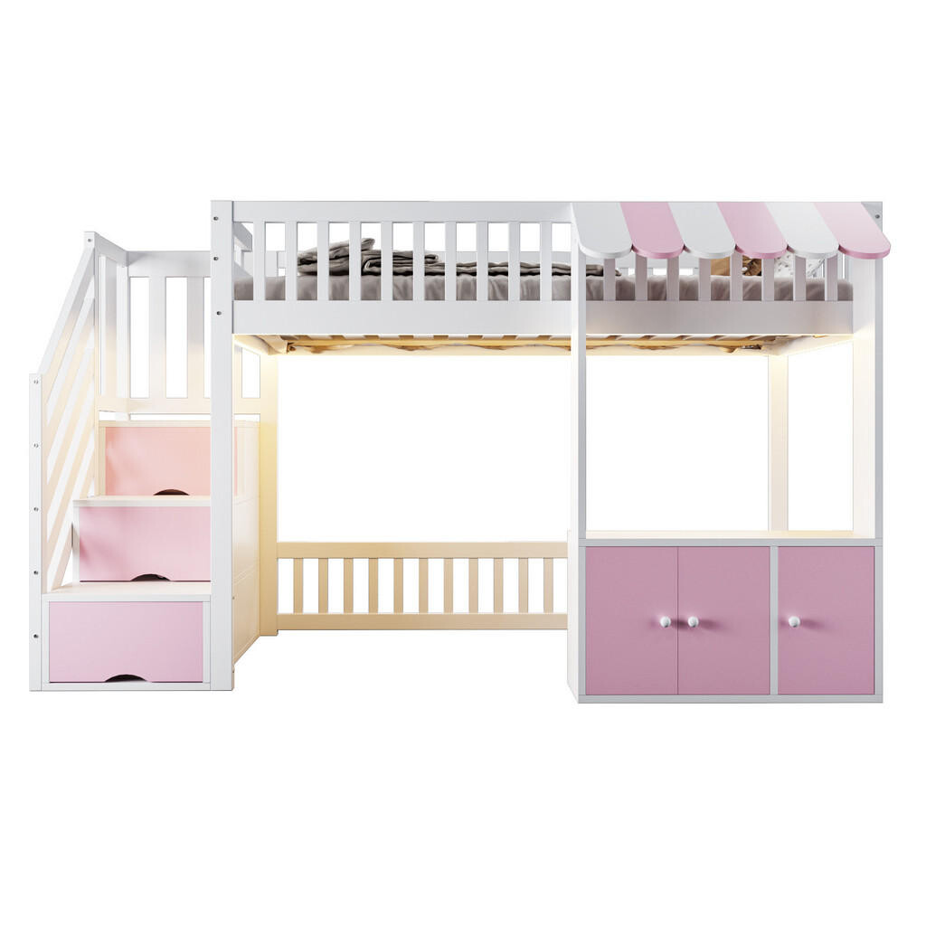 FLIEKS VYVÝŠENÁ POSTEL 90x200 cm Růžová Dřevo Skříň LED