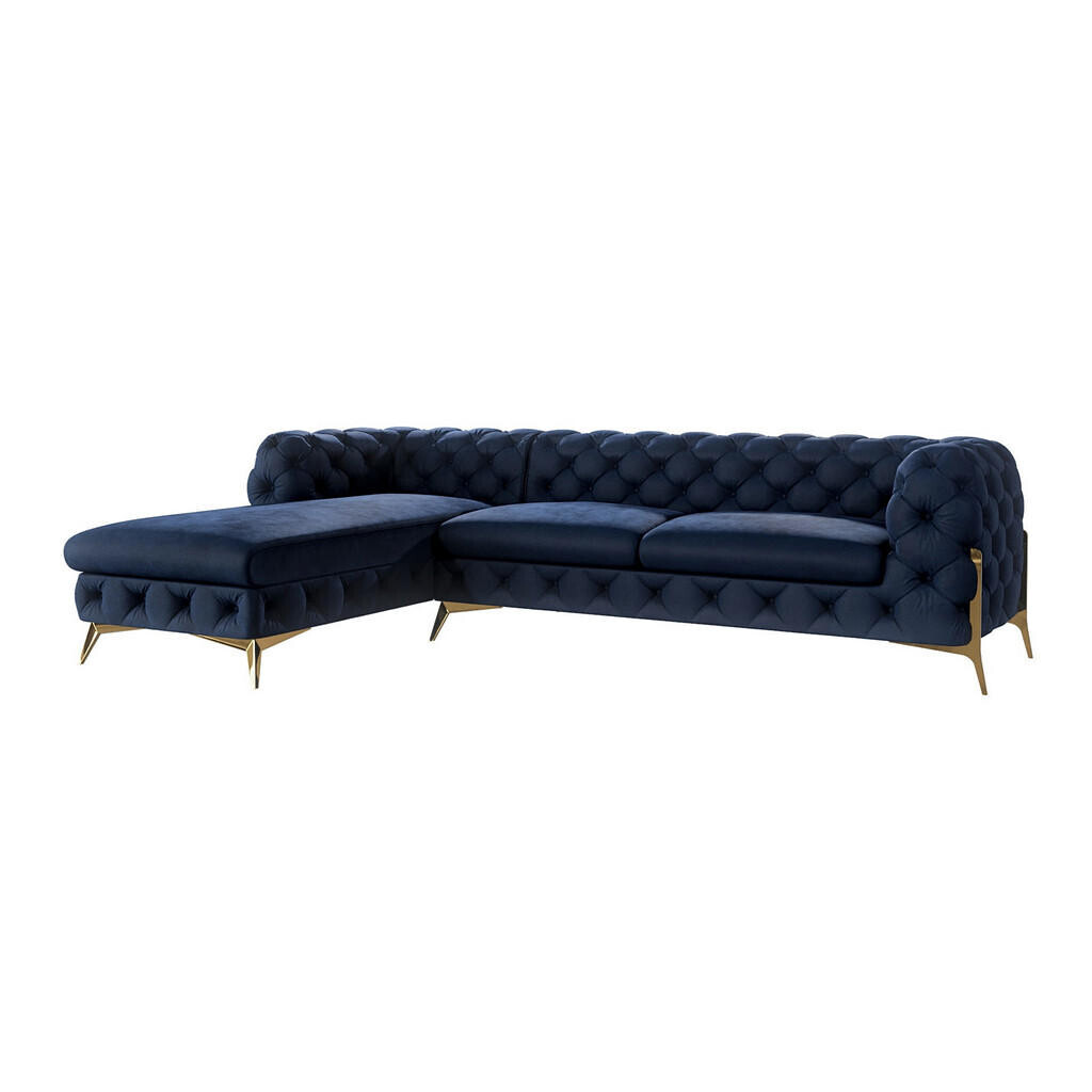 S-Style CHESTERFIELD ROHOVÁ SEDAČKA Lexi z marineblau sametu se zlatými nohami - otomán vlevo