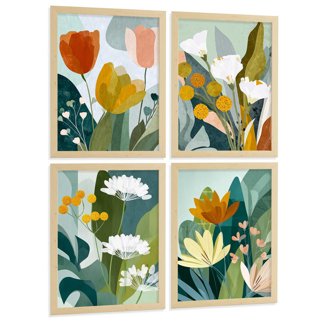 Nacnic PLAKÁT Sada 4 Flores Světlý dřevěný rám A4