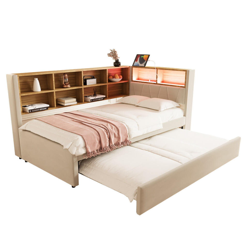 OKWISH ROZKLÁDACÍ postel 90/200 cm béžová z flanelu s výsuvným lůžkem LED a úložnými přihrádkami